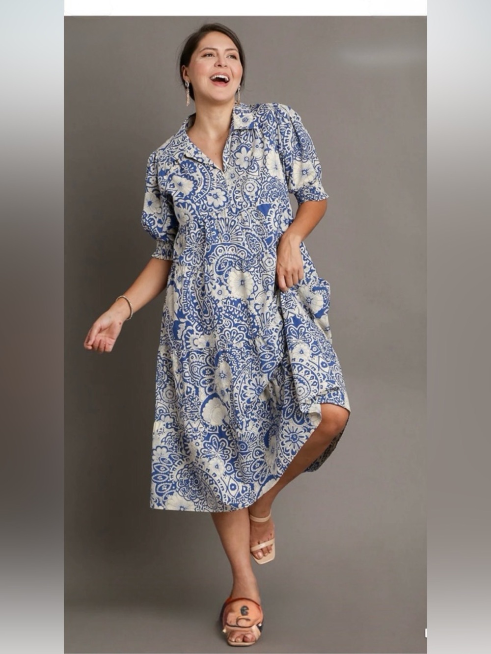 Umgee Blue and Cream Midi Dress - Floral Paisley Print